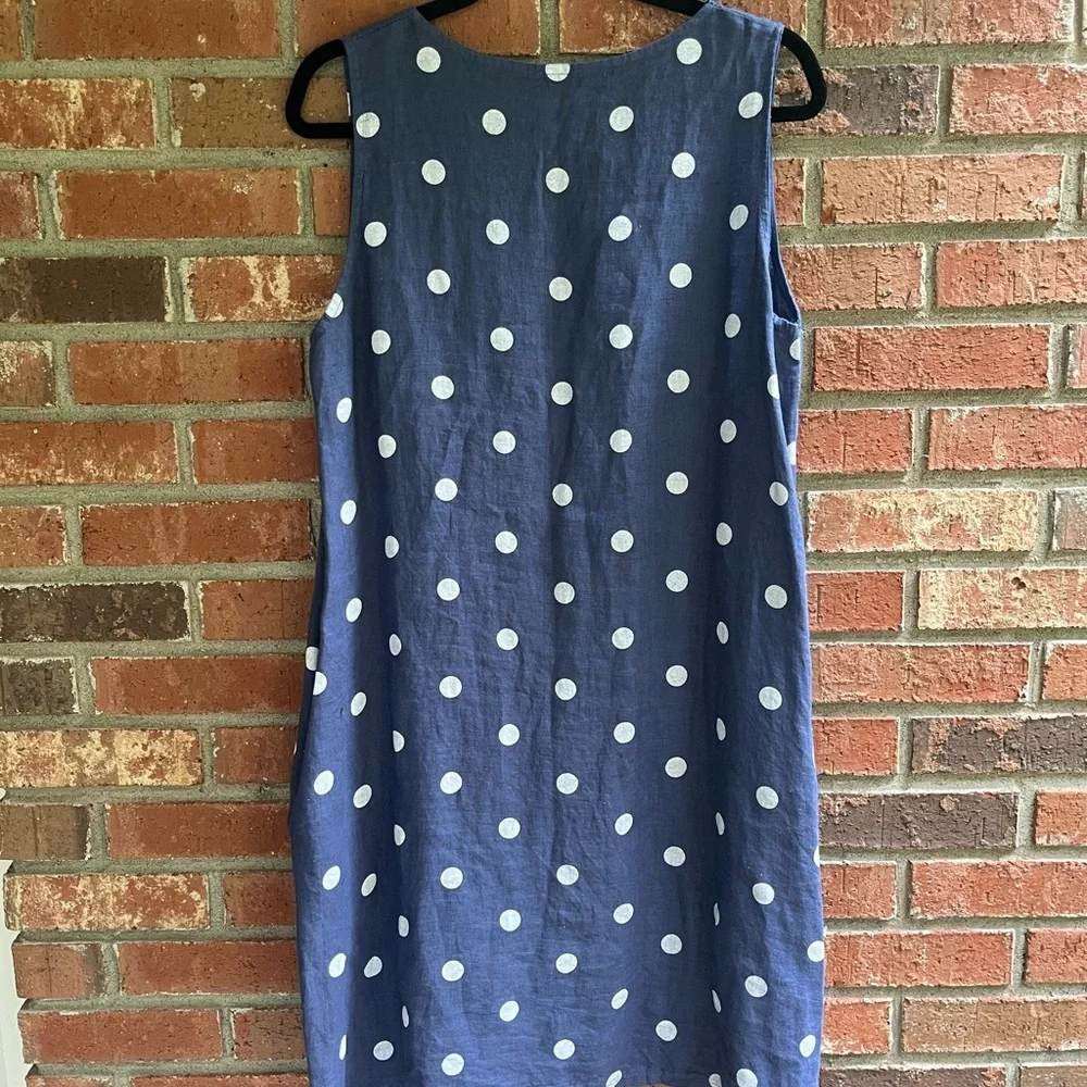 100% Linen Lands Downunder Blue and White Sleeveless Polka Dot Midi Sundress L - Picture 2 of 7
